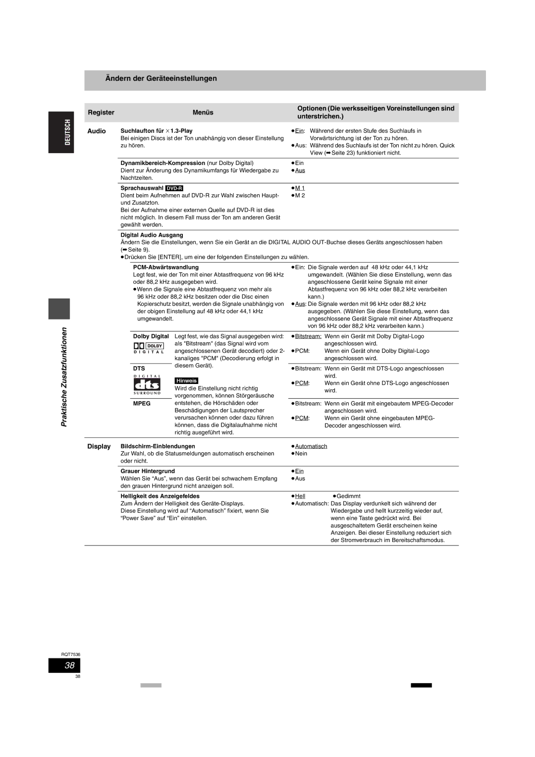 Panasonic DMR-E53 manual Display, Dts 