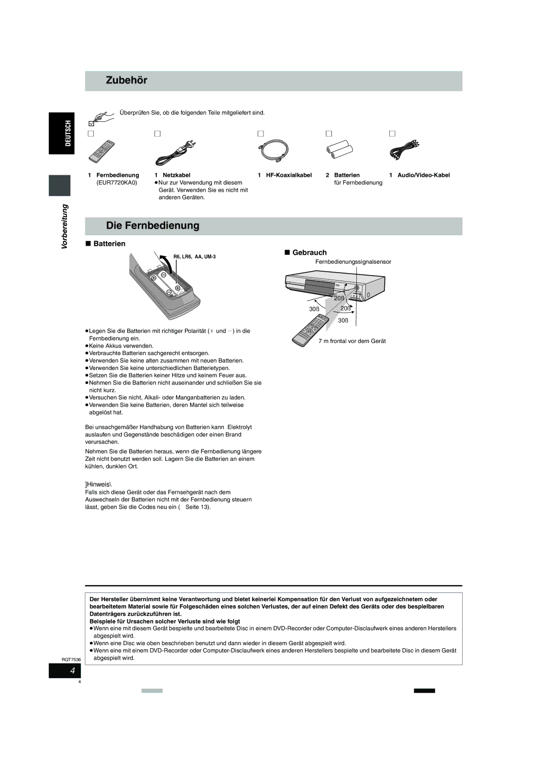 Panasonic DMR-E53 manual Zubehör, Die Fernbedienung, Batterien, Gebrauch 