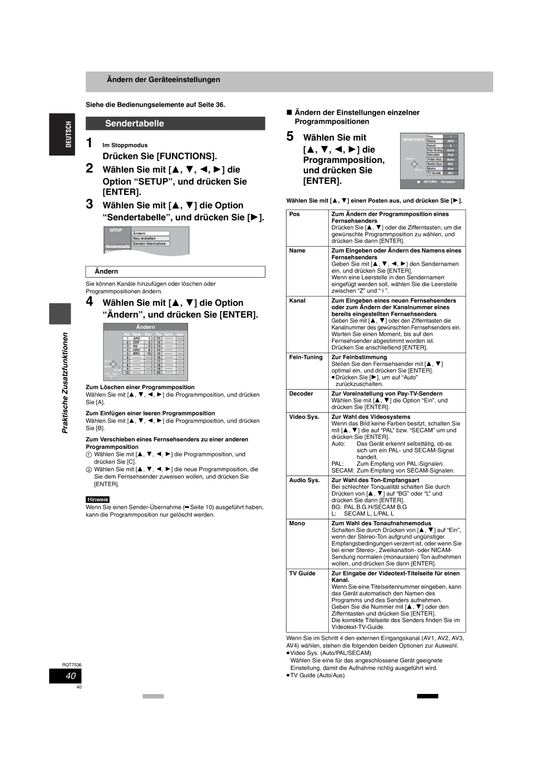 Panasonic DMR-E53 manual Sendertabelle, Wählen Sie mit, 2, 1 die, Programmposition, Und drücken Sie 