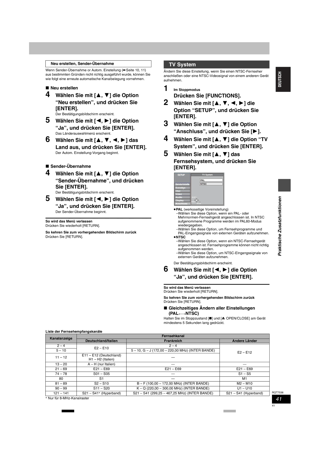 Panasonic DMR-E53 manual TV System, Neu erstellen, Sender-Übernahme, Gleichzeitiges Ändern aller Einstellungen 