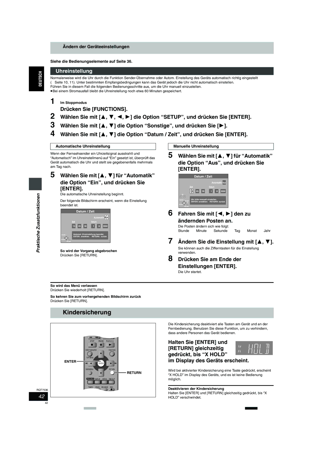 Panasonic DMR-E53 manual Kindersicherung, Uhreinstellung, Fahren Sie mit 2, 1 den zu Ändernden Posten an 