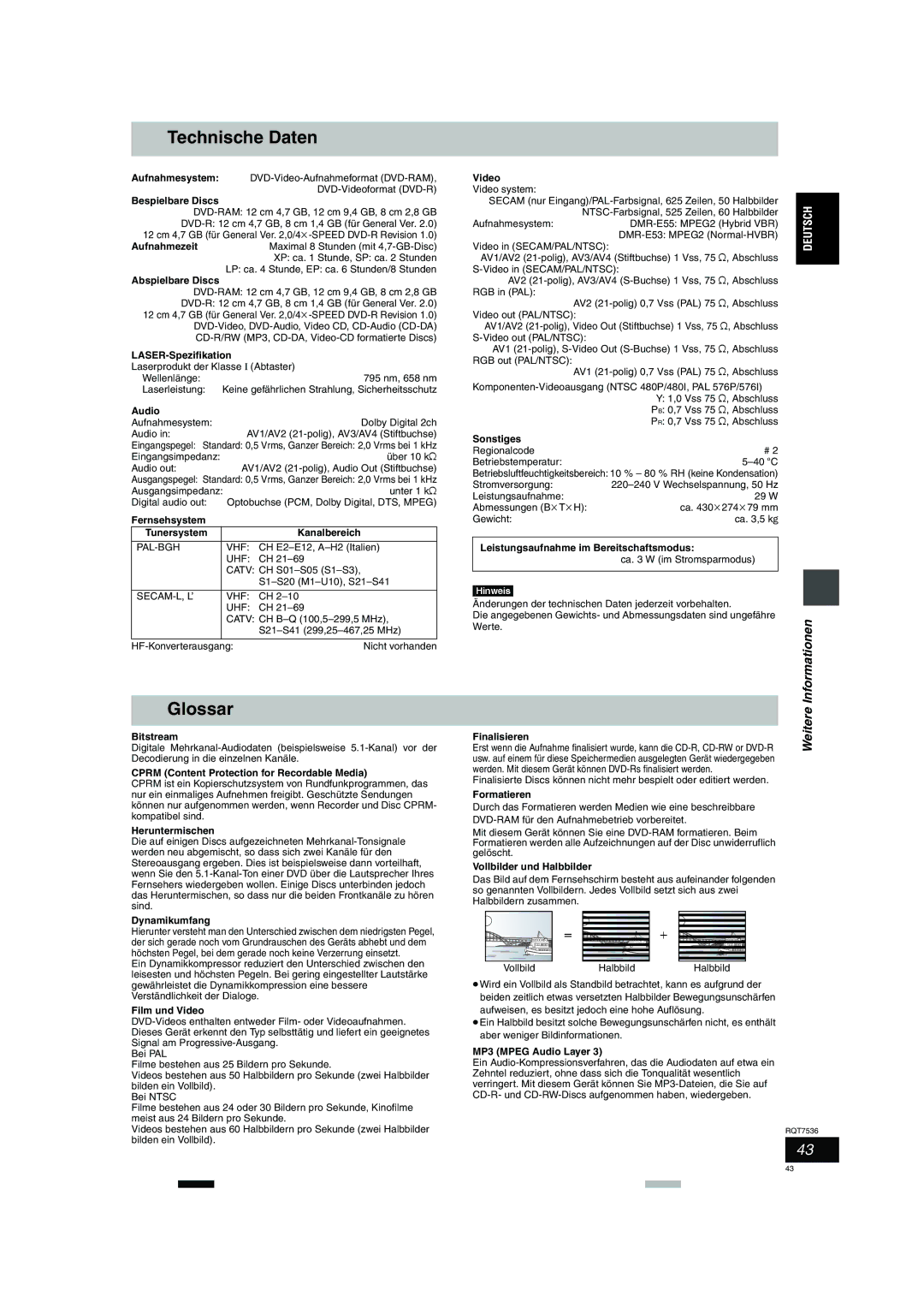 Panasonic DMR-E53 manual Technische Daten, Glossar, Weitere 