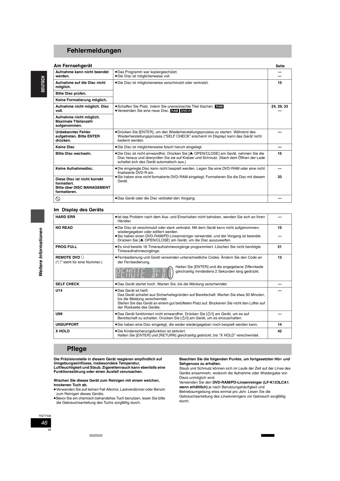 Panasonic DMR-E53 manual Fehlermeldungen, Pflege, Am Fernsehgerät, Im Display des Geräts 