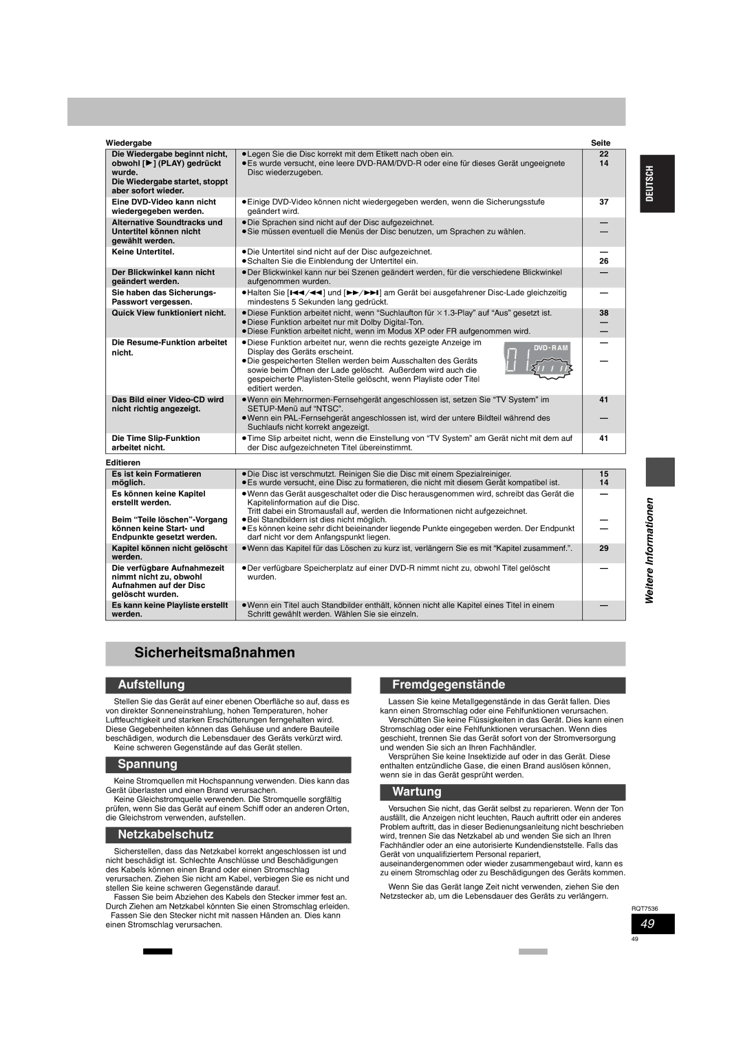 Panasonic DMR-E53 manual Sicherheitsmaßnahmen 