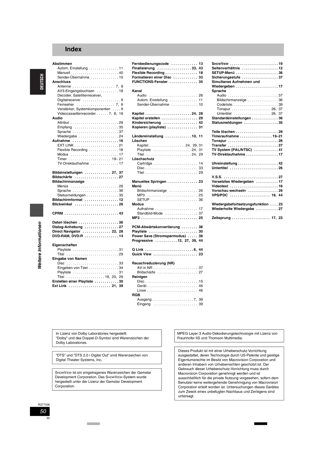 Panasonic DMR-E53 manual Index, Rgb 