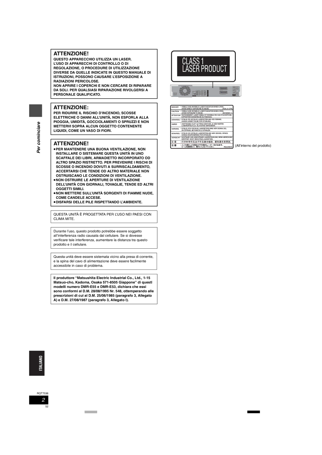 Panasonic DMR-E53 manual Per cominciare, RQLS0233 All’interno del prodotto 