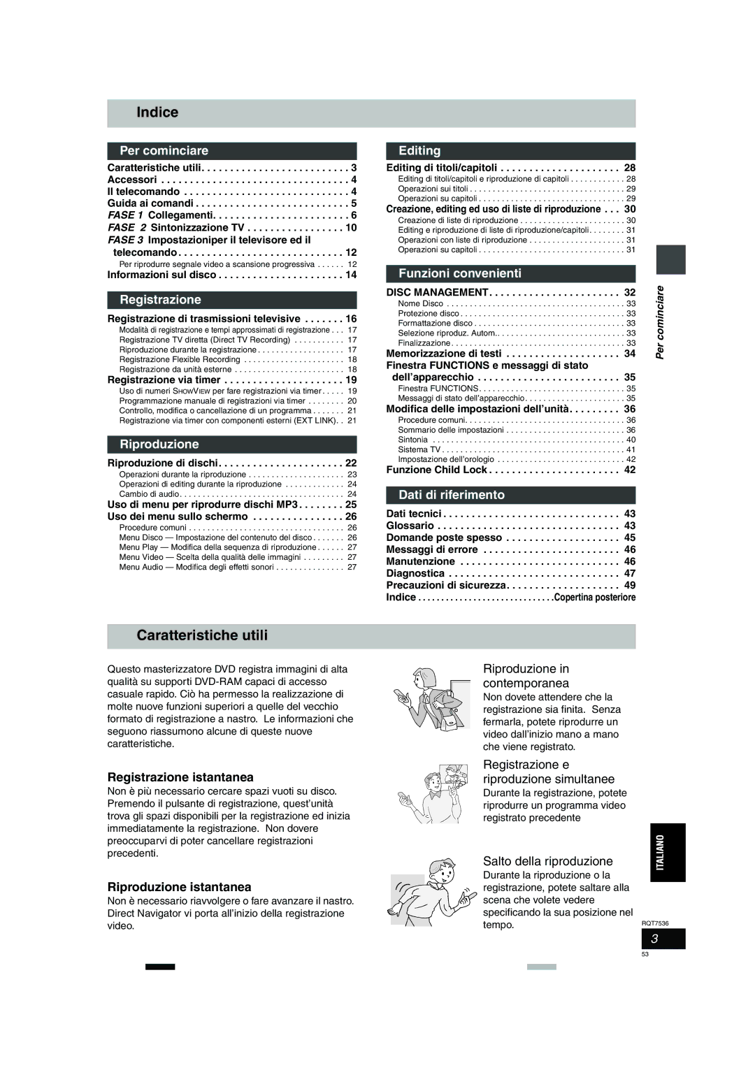 Panasonic DMR-E53 manual Indice, Caratteristiche utili 