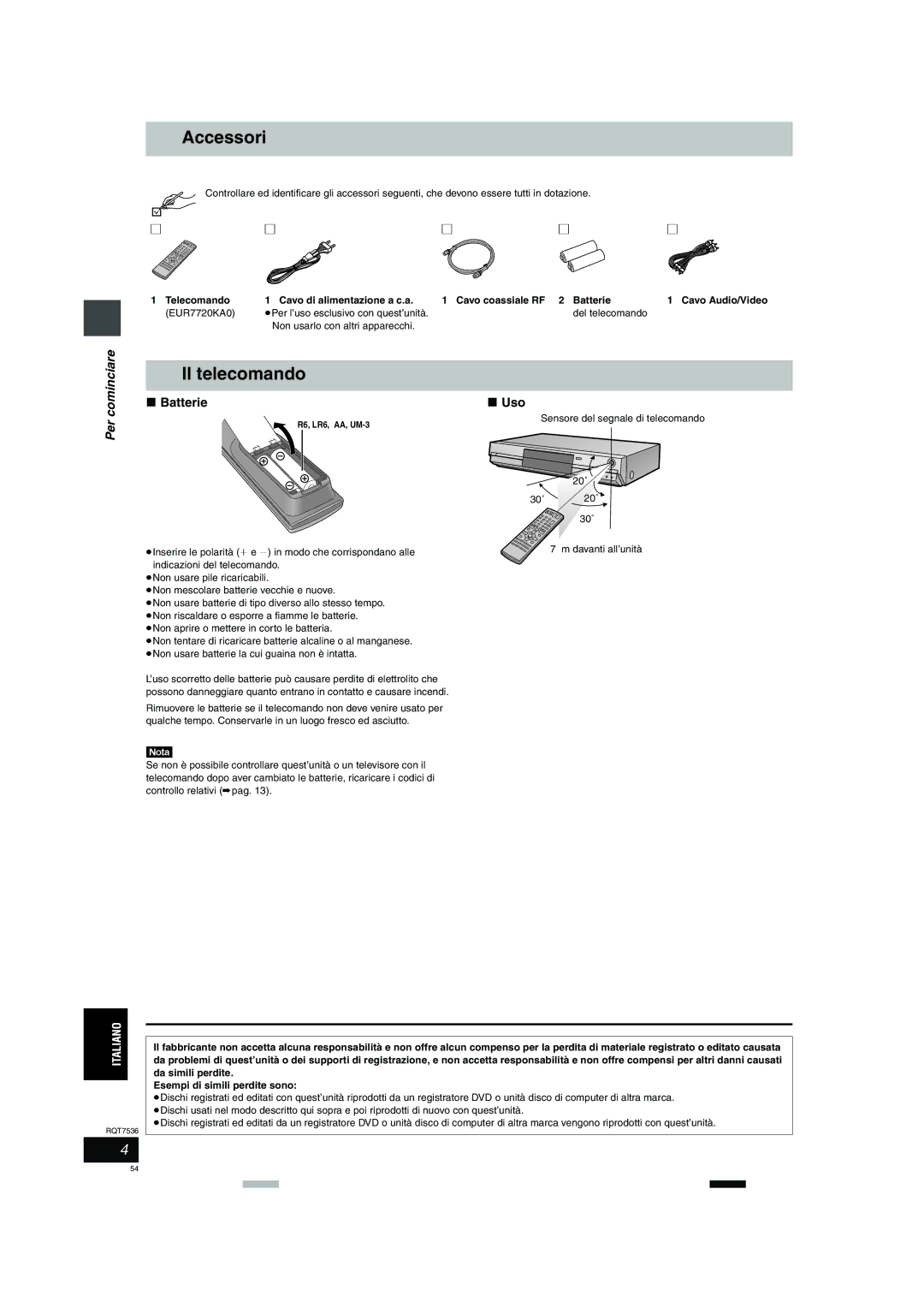 Panasonic DMR-E53 manual Accessori, Per Batterie, Uso, Non usarlo con altri apparecchi 