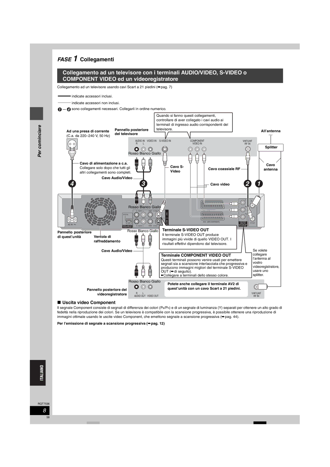 Panasonic DMR-E53 manual Fase 1 Collegamenti, Cominciare, Per, Uscita video Component 