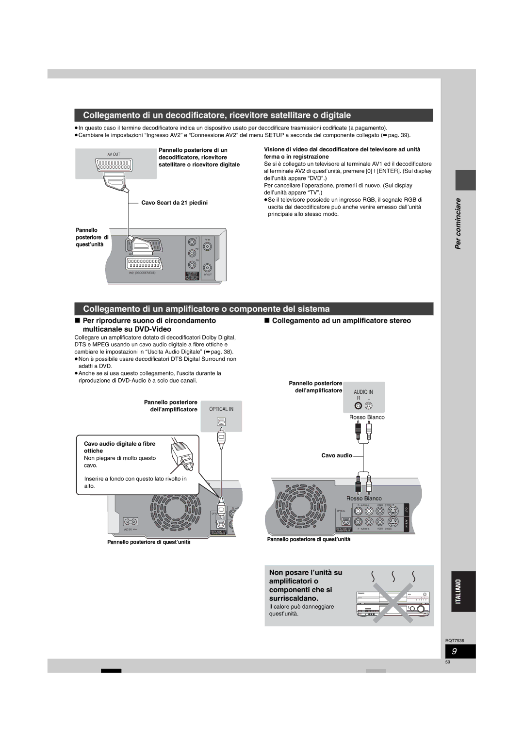 Panasonic DMR-E53 manual Collegamento di un amplificatore o componente del sistema, Collegamento ad un amplificatore stereo 