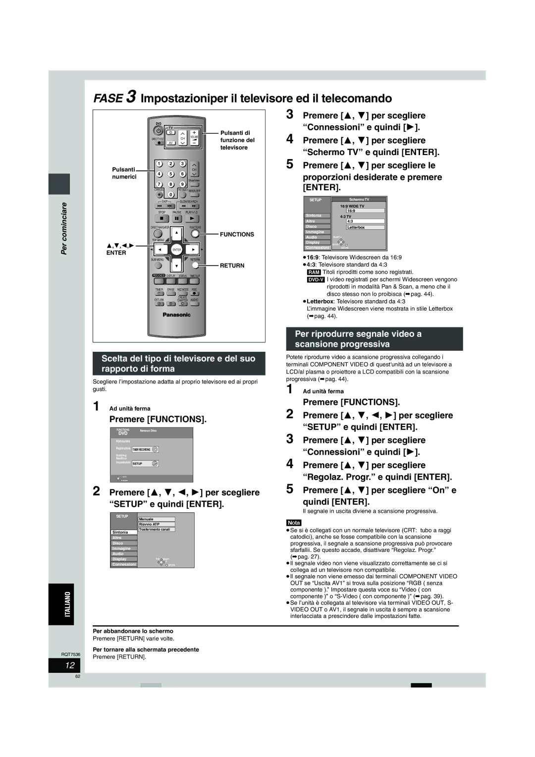 Panasonic DMR-E53 manual Scelta del tipo di televisore e del suo rapporto di forma, Premere Functions 