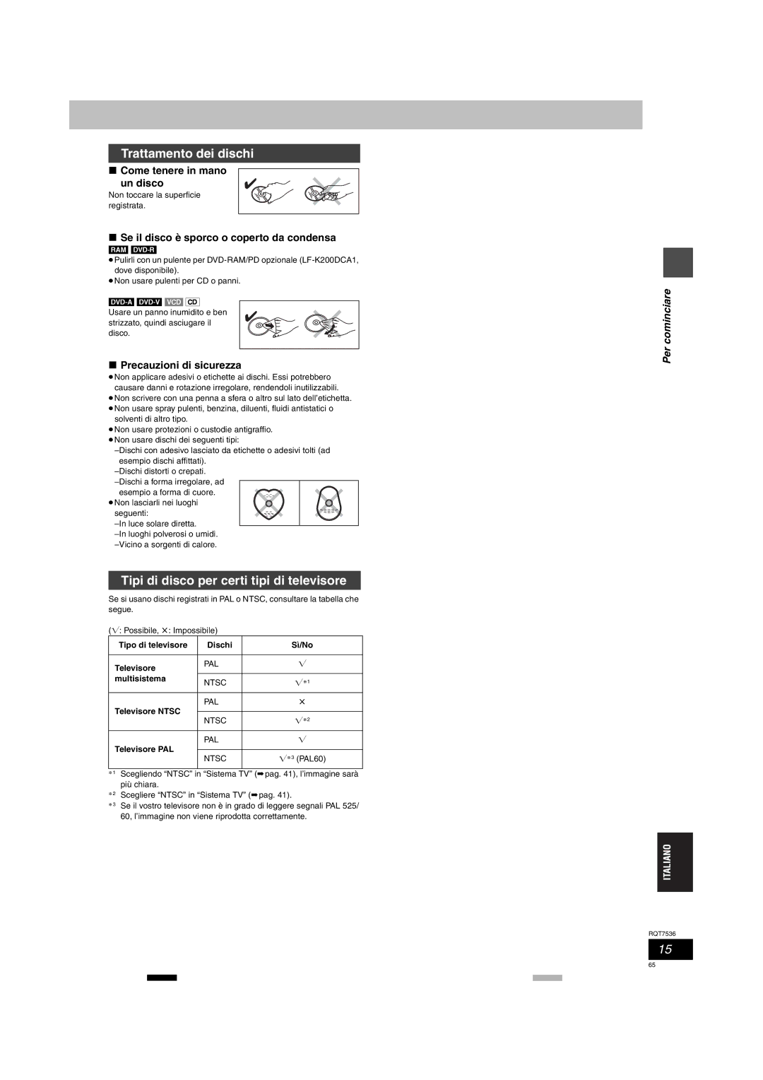 Panasonic DMR-E53 manual Trattamento dei dischi, Tipi di disco per certi tipi di televisore, Come tenere in mano Un disco 