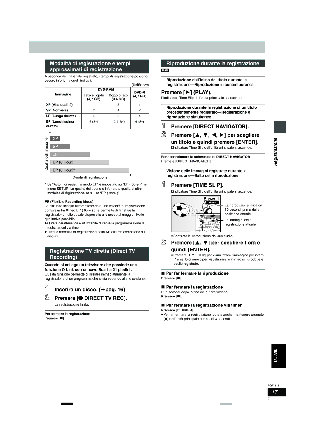 Panasonic DMR-E53 manual Premere 1 Play, Premere Time Slip, Inserire un disco. pag Premere ¥ Direct TV REC 