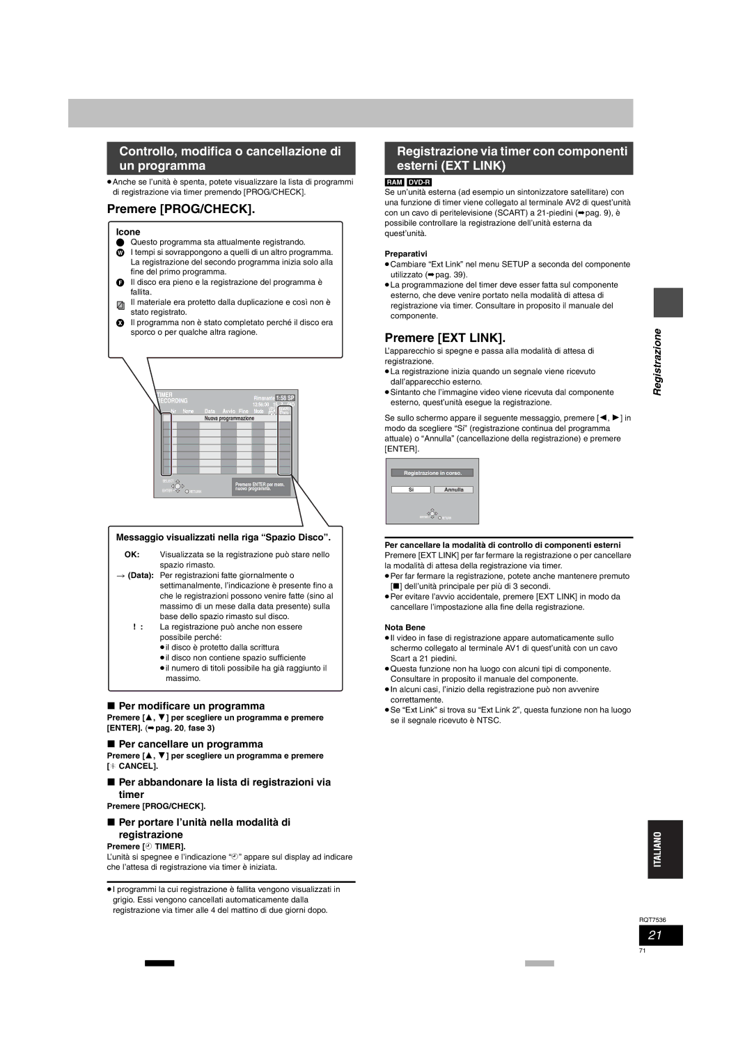 Panasonic DMR-E53 manual Controllo, modifica o cancellazione di un programma, Premere EXT Link 