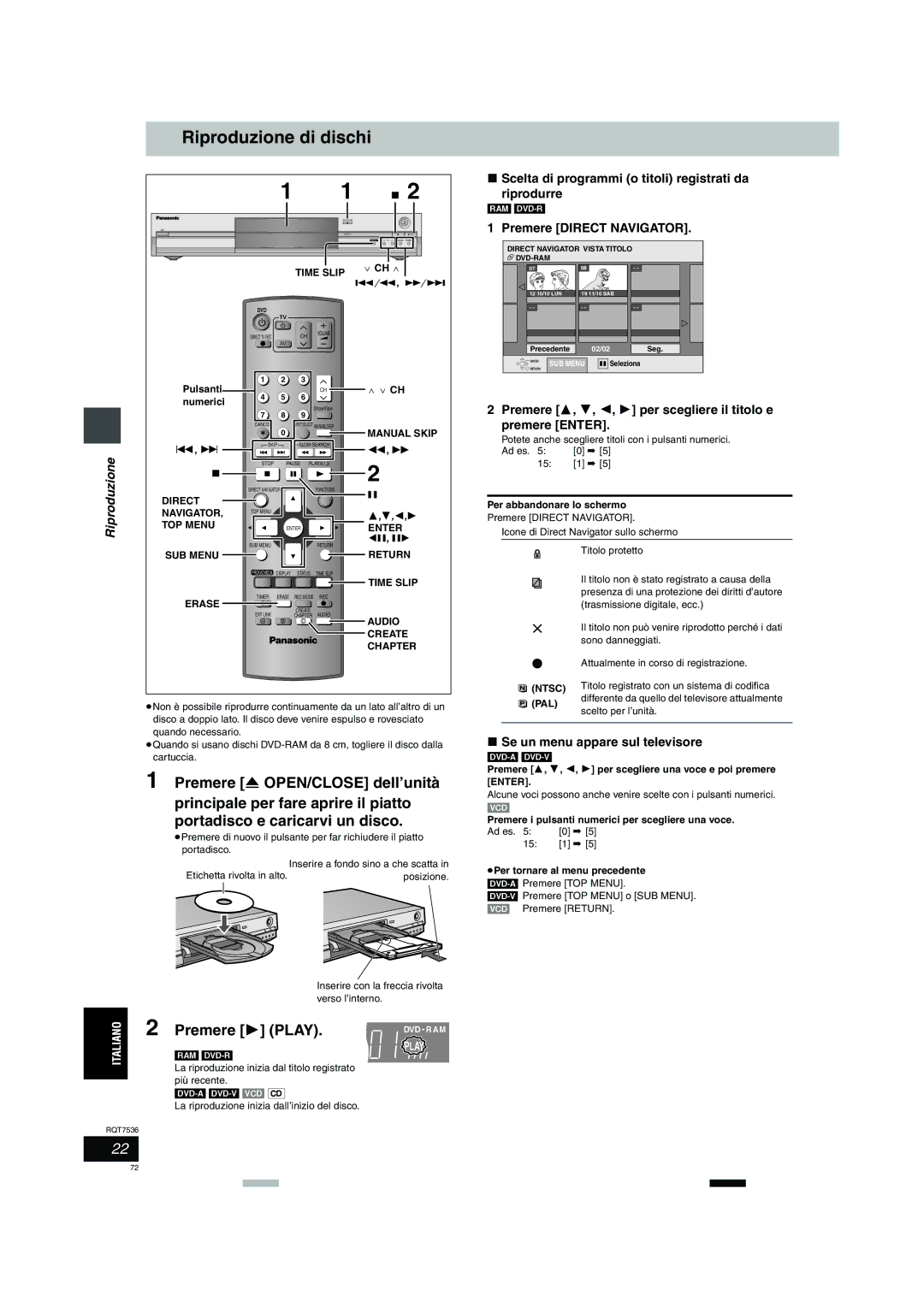 Panasonic DMR-E53 manual Riproduzione di dischi 