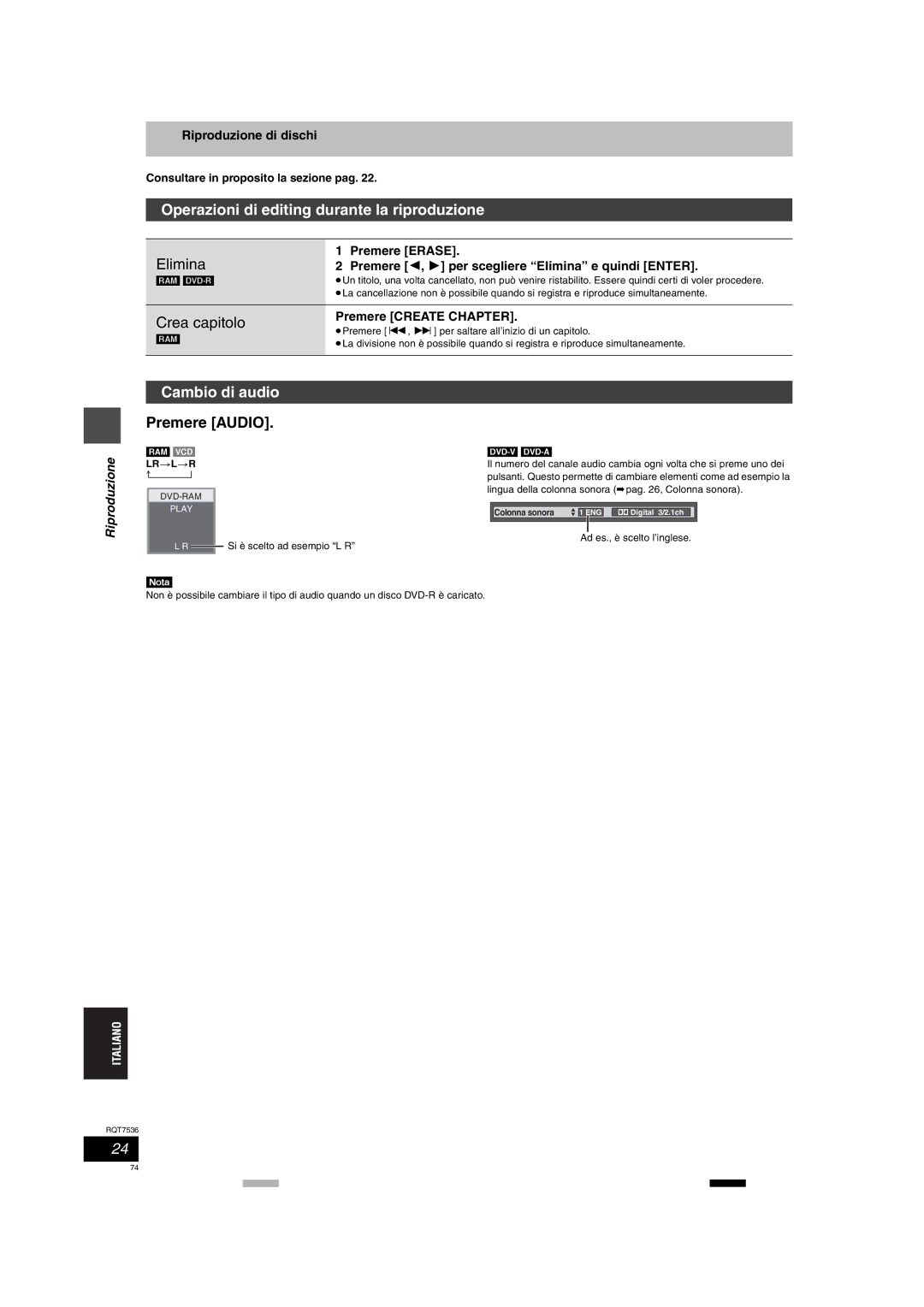 Panasonic DMR-E53 manual Operazioni di editing durante la riproduzione, Elimina, Cambio di audio, Premere Audio 