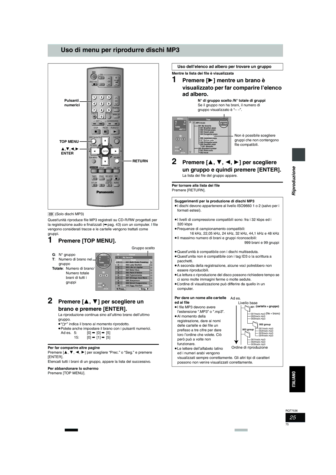 Panasonic DMR-E53 manual Uso di menu per riprodurre dischi MP3, Un gruppo e quindi premere Enter, Premere TOP Menu 