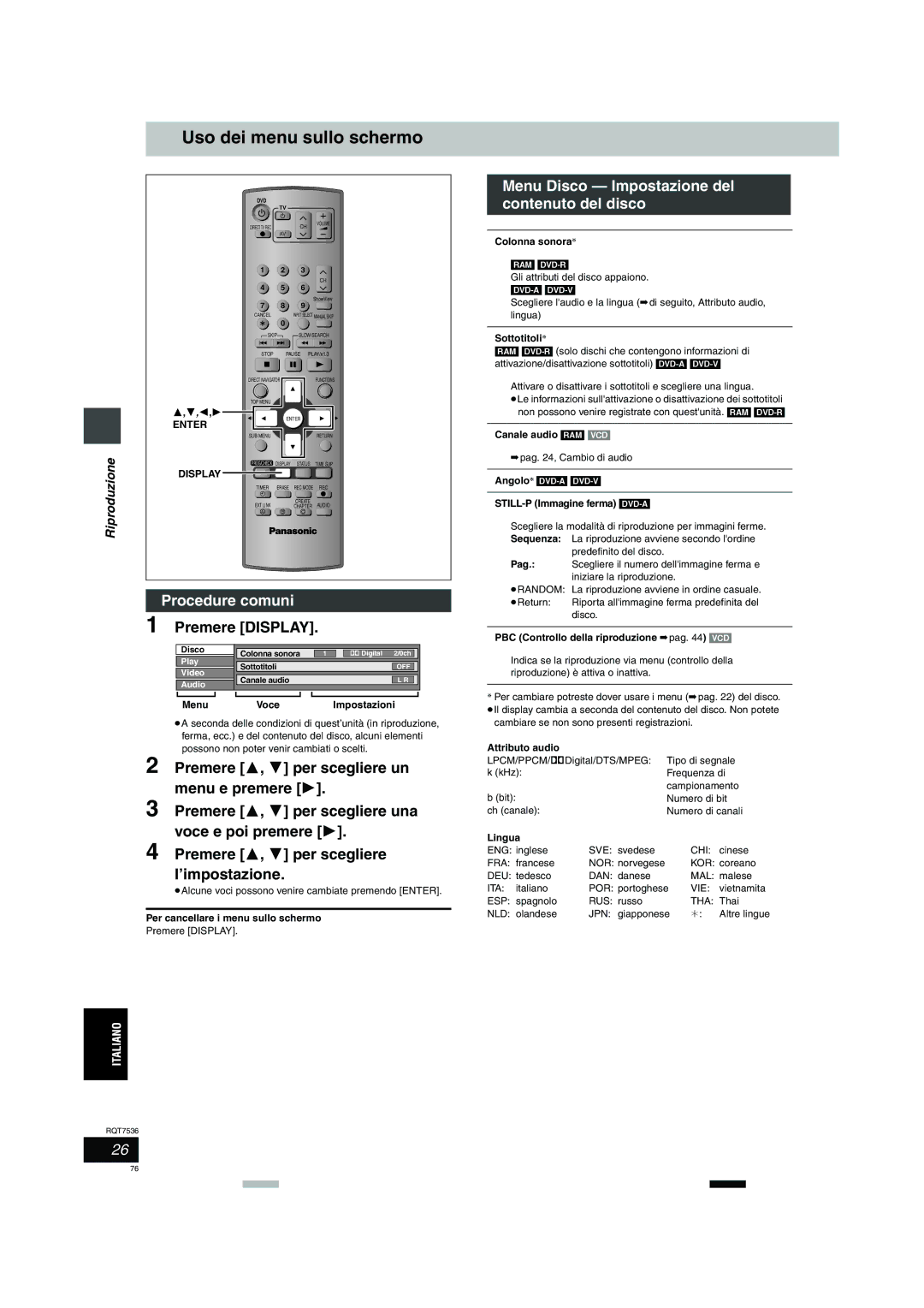 Panasonic DMR-E53 manual Uso dei menu sullo schermo, Procedure comuni, Premere Display 