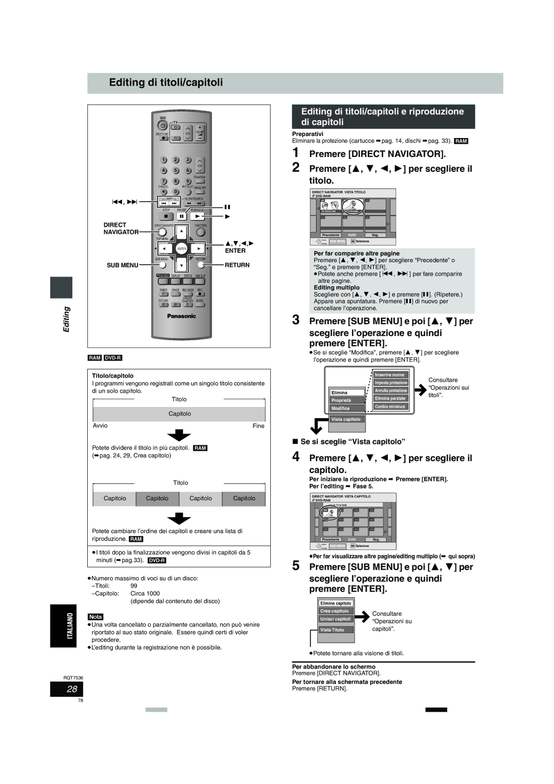 Panasonic DMR-E53 Editing di titoli/capitoli e riproduzione di capitoli, Premere 3, 4, 2, 1 per scegliere il capitolo 