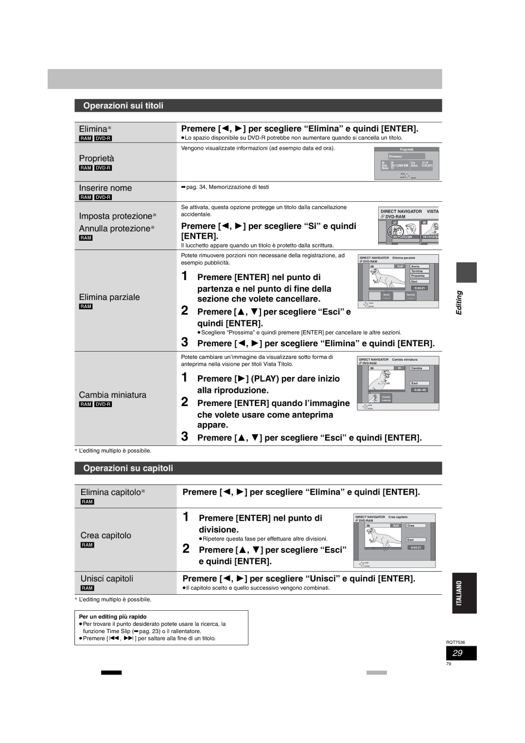 Panasonic DMR-E53 manual Operazioni sui titoli, Operazioni su capitoli 