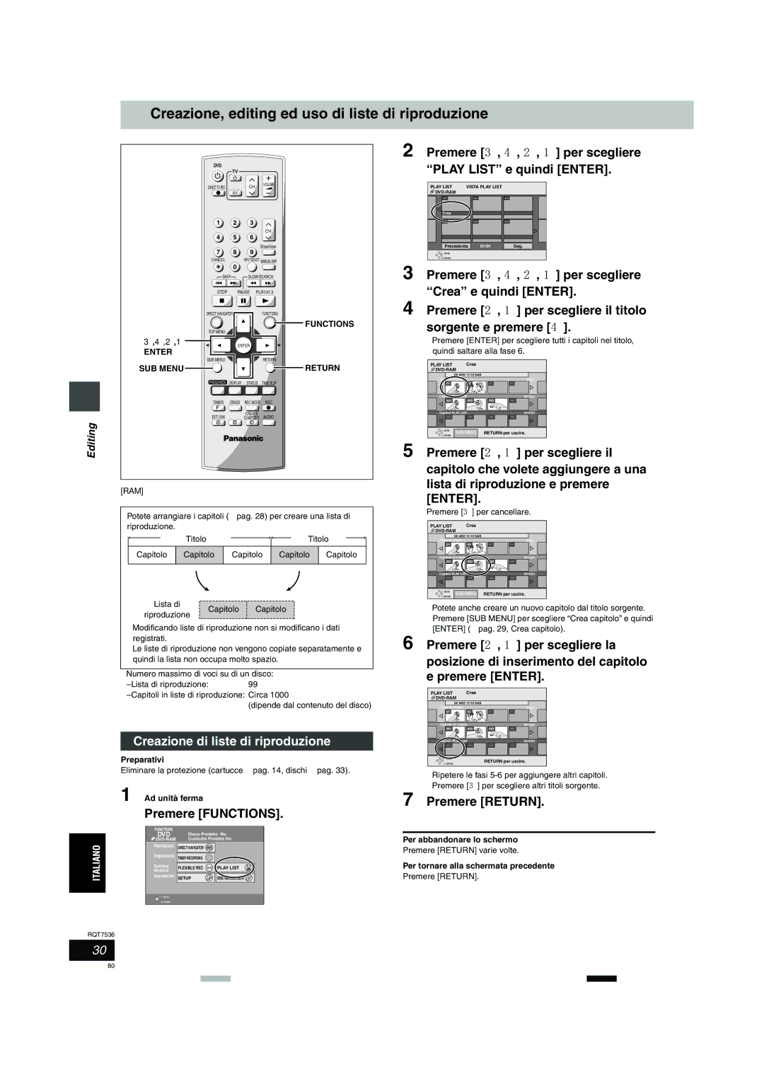 Panasonic DMR-E53 Creazione, editing ed uso di liste di riproduzione, Creazione di liste di riproduzione, Premere Return 