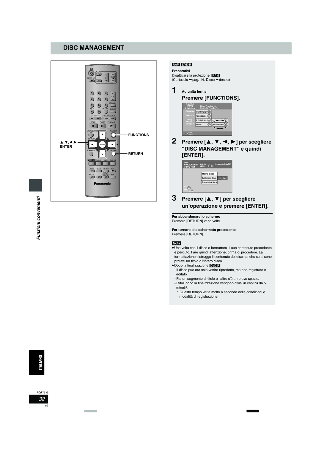 Panasonic DMR-E53 manual Premere 3, 4 per scegliere un’operazione e premere Enter, Funzioni convenienti 