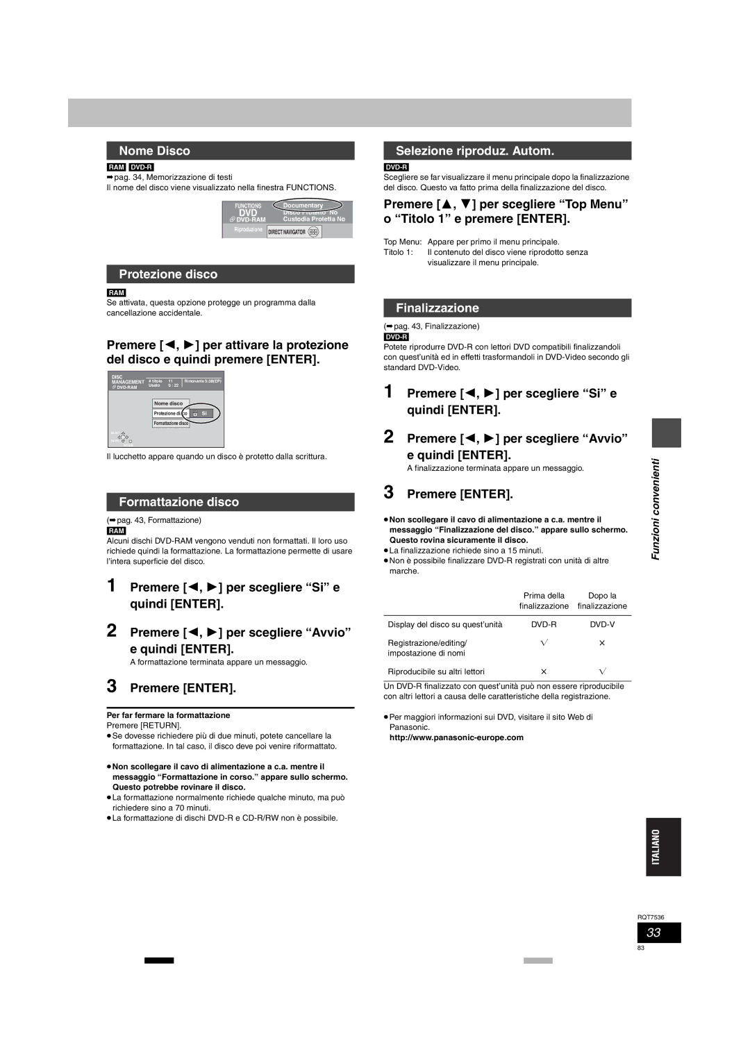 Panasonic DMR-E53 manual Nome Disco, Protezione disco, Formattazione disco, Selezione riproduz. Autom, Finalizzazione 