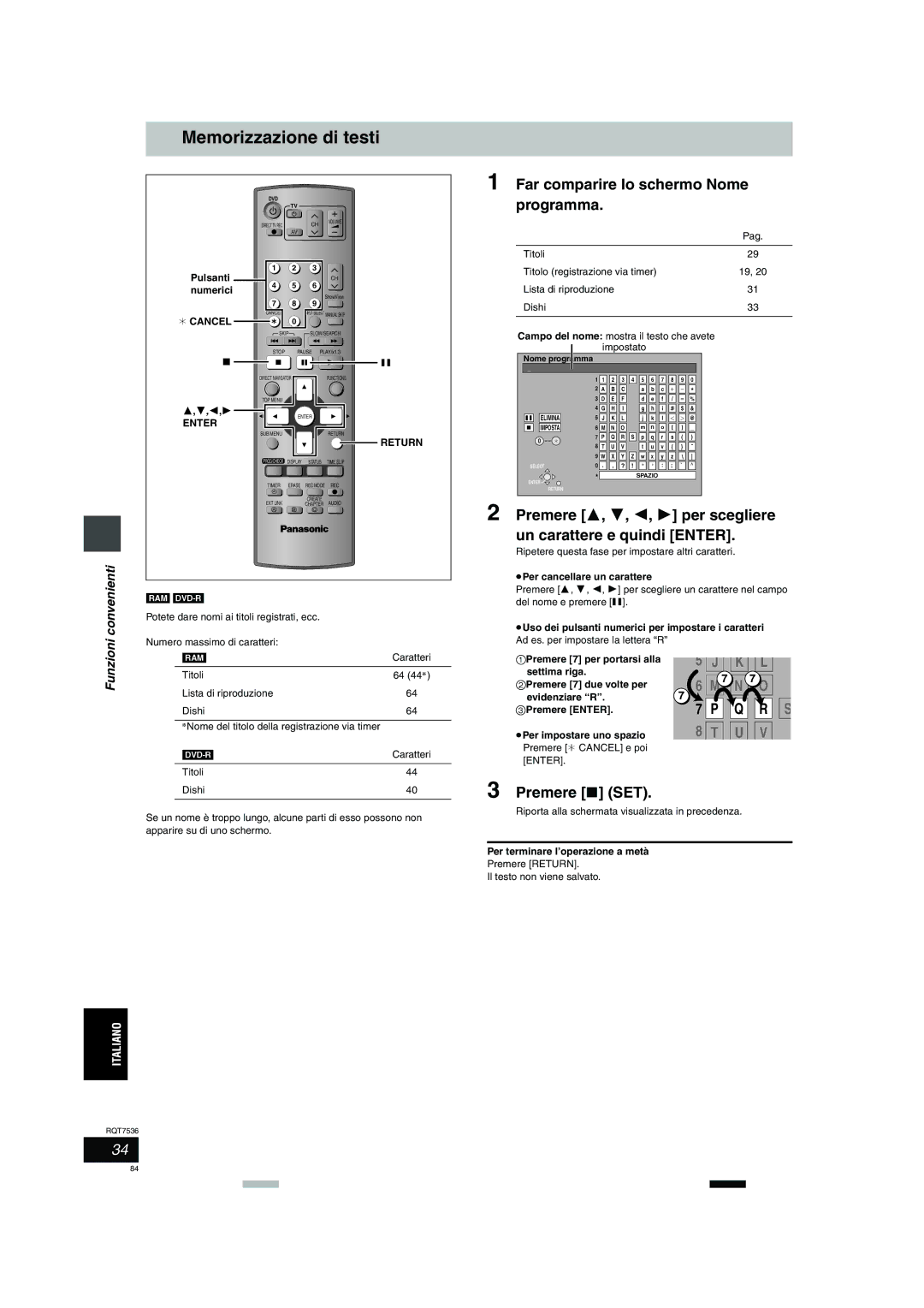 Panasonic DMR-E53 manual Memorizzazione di testi, Far comparire lo schermo Nome programma, Premere SET, Convenienti 