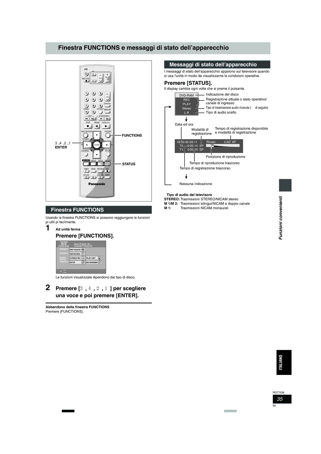 Panasonic DMR-E53 manual Finestra Functions e messaggi di stato dell’apparecchio, Messaggi di stato dell’apparecchio 