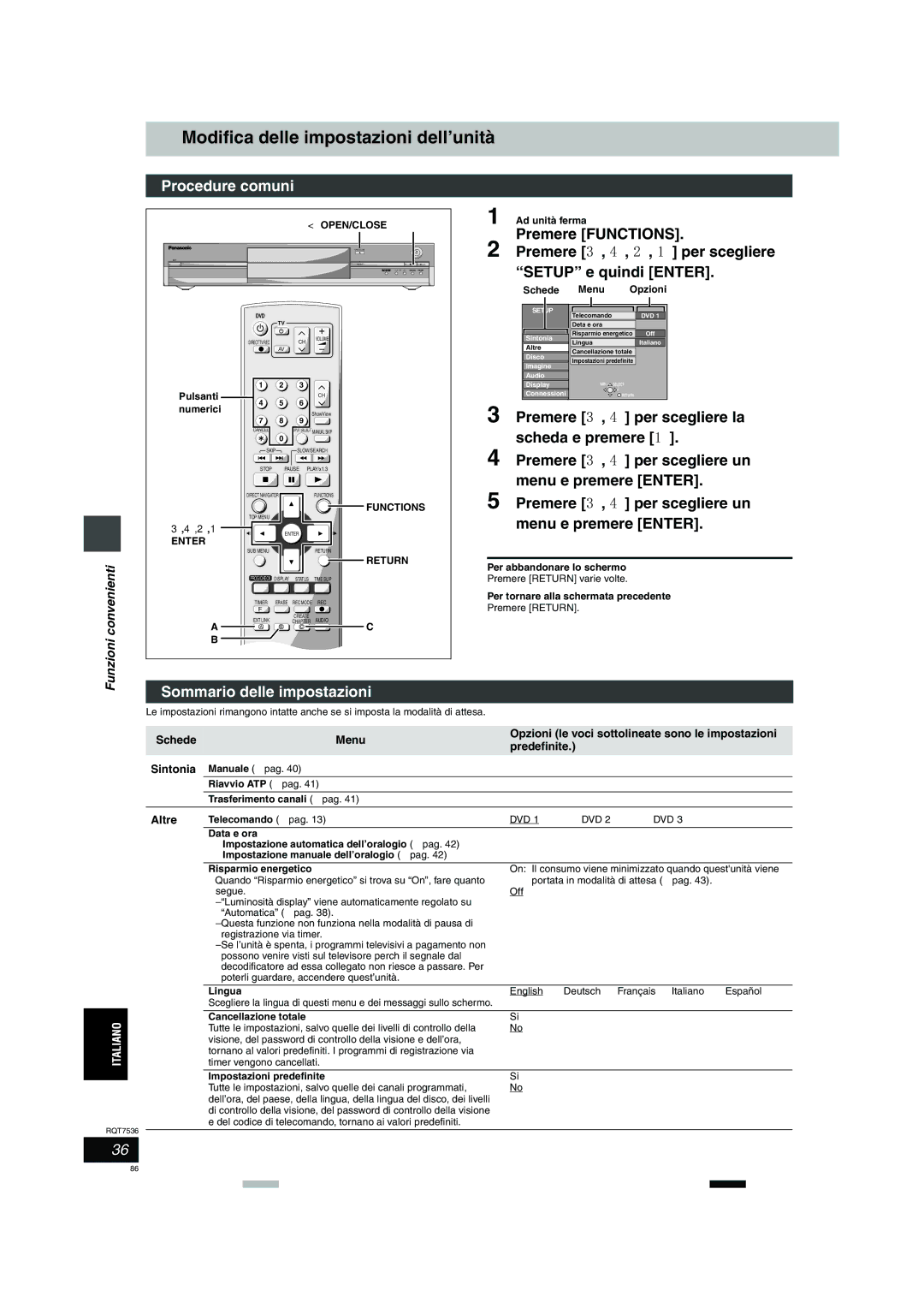 Panasonic DMR-E53 manual Modifica delle impostazioni dell’unità, Sommario delle impostazioni, Funzioni, Altre 