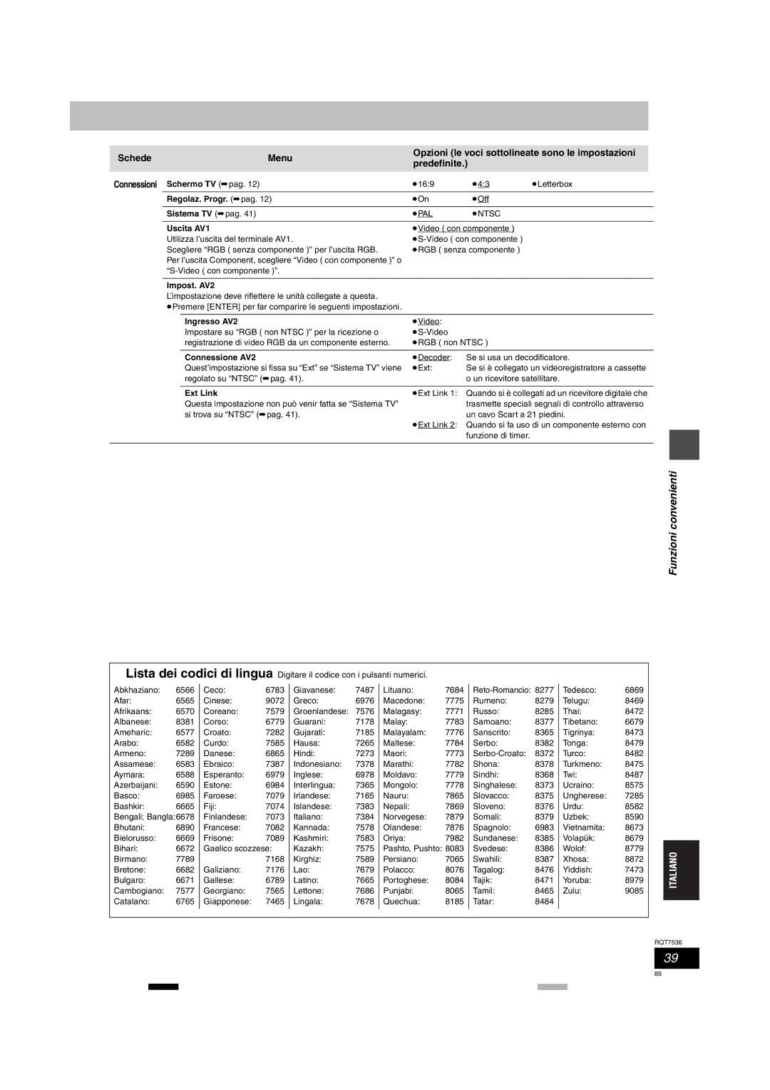 Panasonic DMR-E53 manual Schermo TV pag, Regolaz. Progr. pag, Sistema TV pag, Uscita AV1, Impost. AV2, Ingresso AV2 