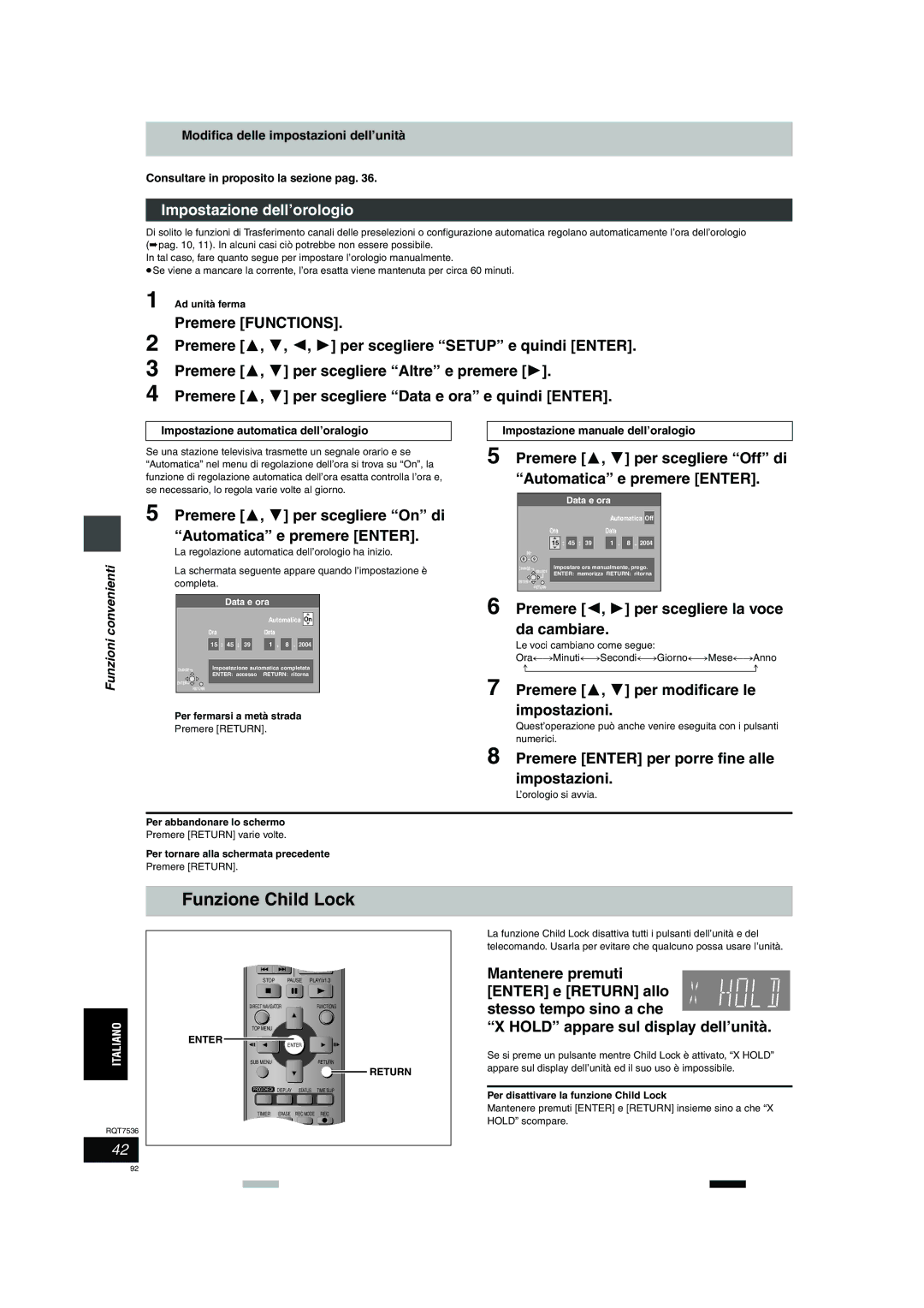 Panasonic DMR-E53 manual Funzione Child Lock, Impostazione dell’orologio 