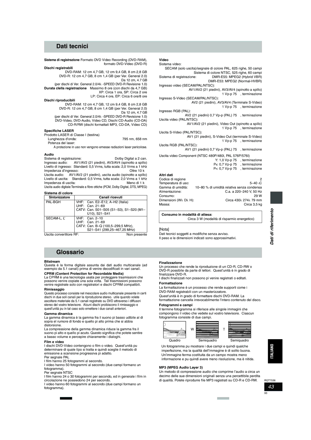 Panasonic DMR-E53 manual Dati tecnici, Glossario 