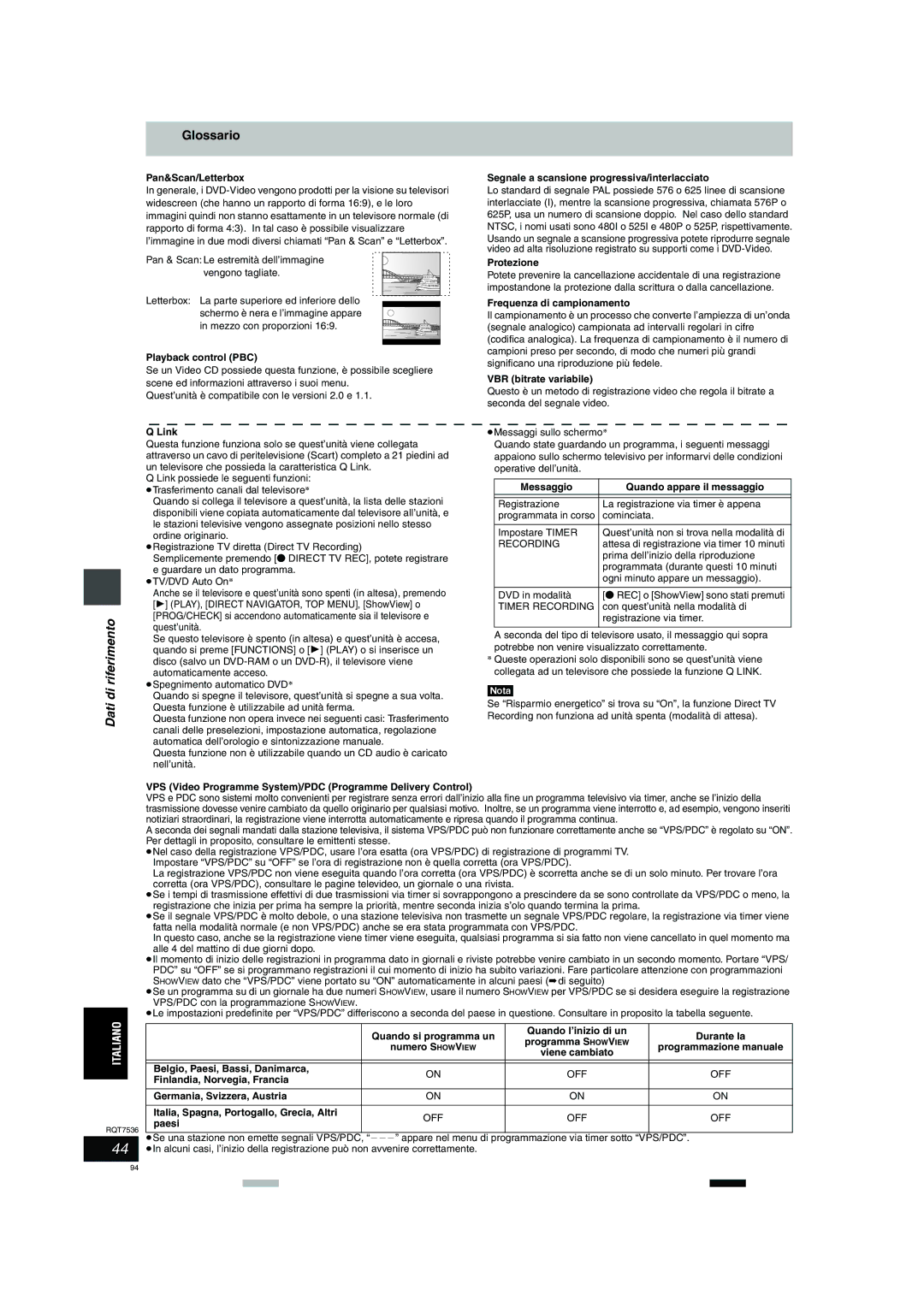 Panasonic DMR-E53 manual Glossario, Dati di riferimento, Off 