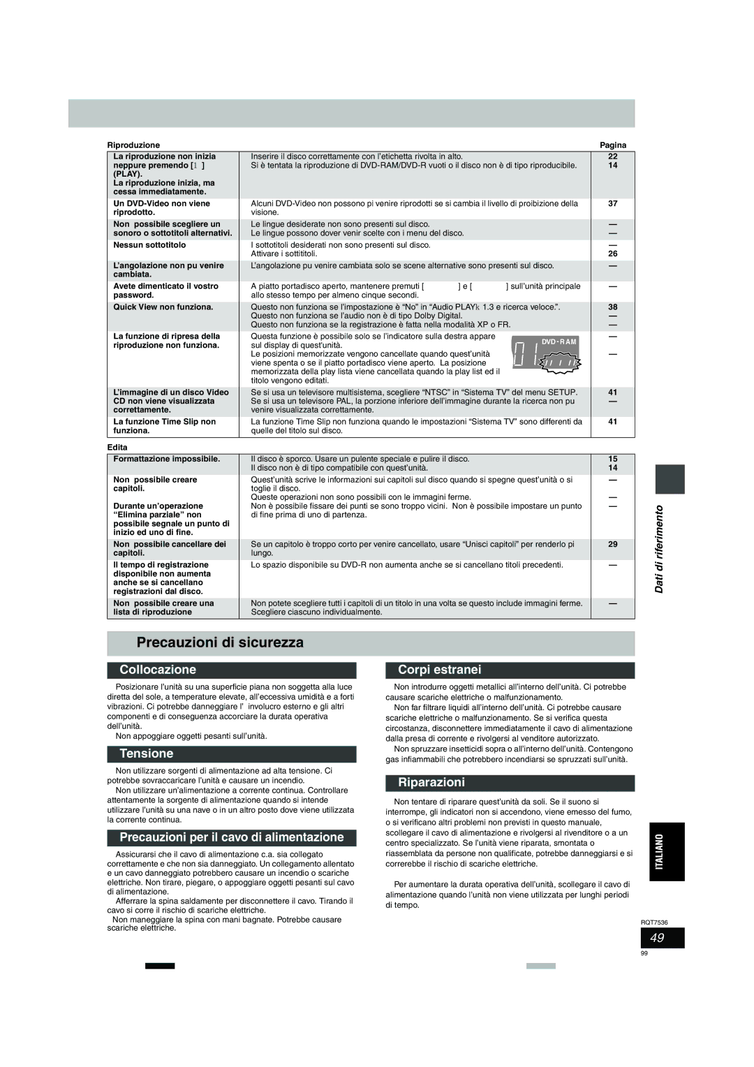 Panasonic DMR-E53 manual Precauzioni di sicurezza 