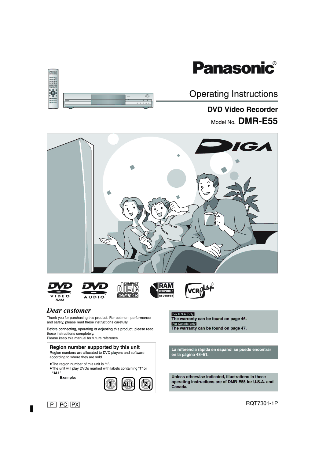 Panasonic DMR-E55 warranty Warranty can be found on, Example 