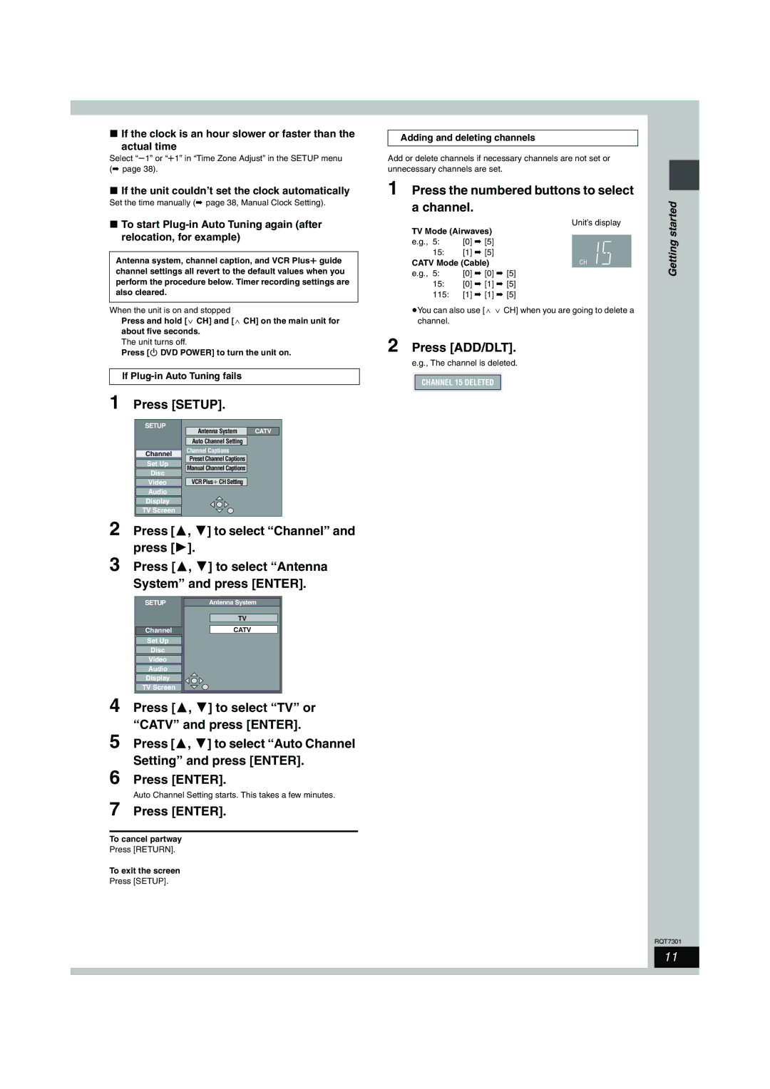 Panasonic DMR-E55 warranty To select Channel, Press To select Antenna 