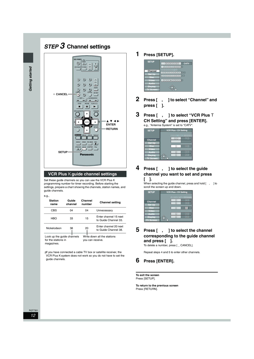 Panasonic DMR-E55 warranty VCR PlusK guide channel settings, Press To select VCR PlusT, CH Setting and press Enter 