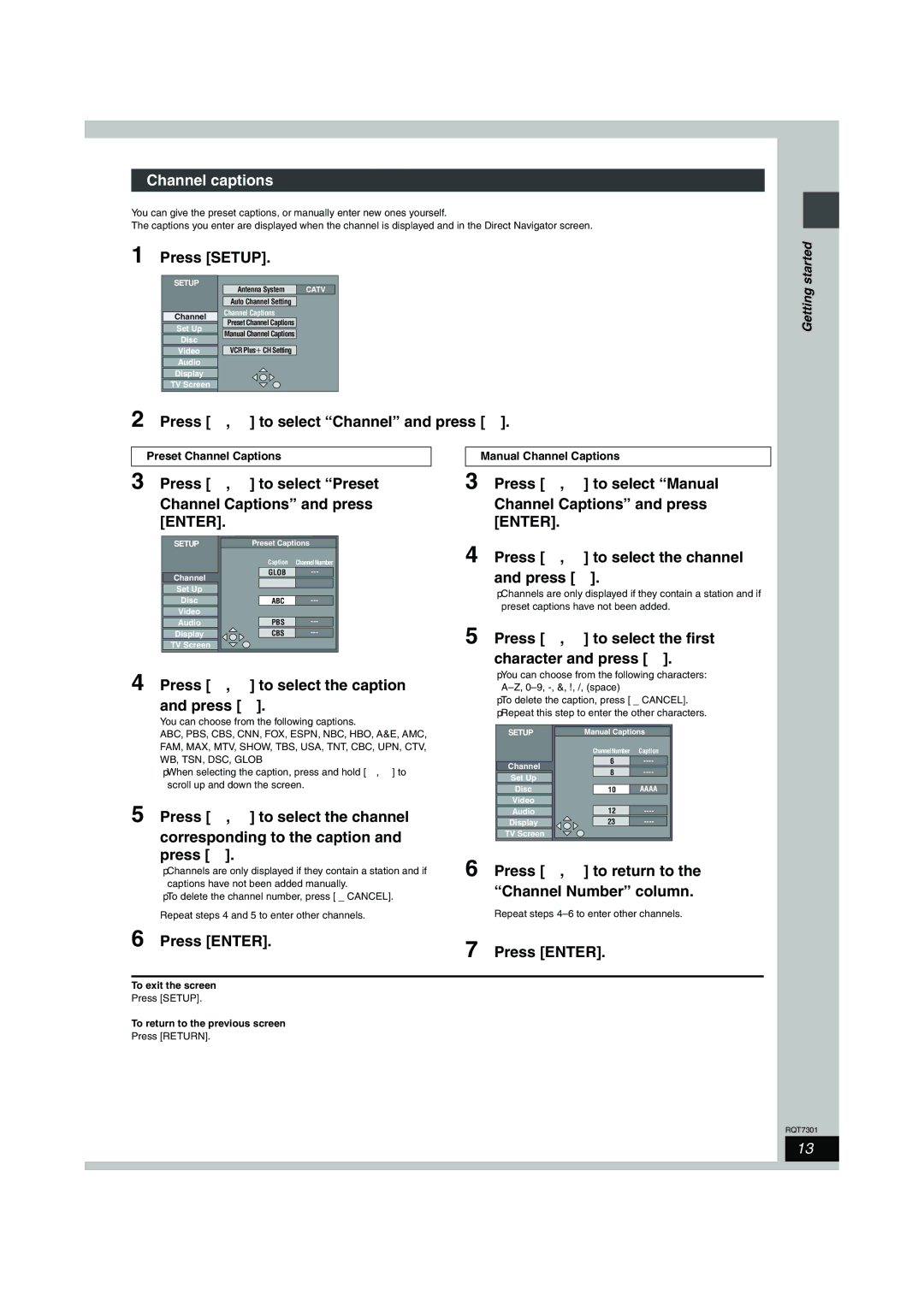 Panasonic DMR-E55 warranty Channel captions, Press To select Channel and press 