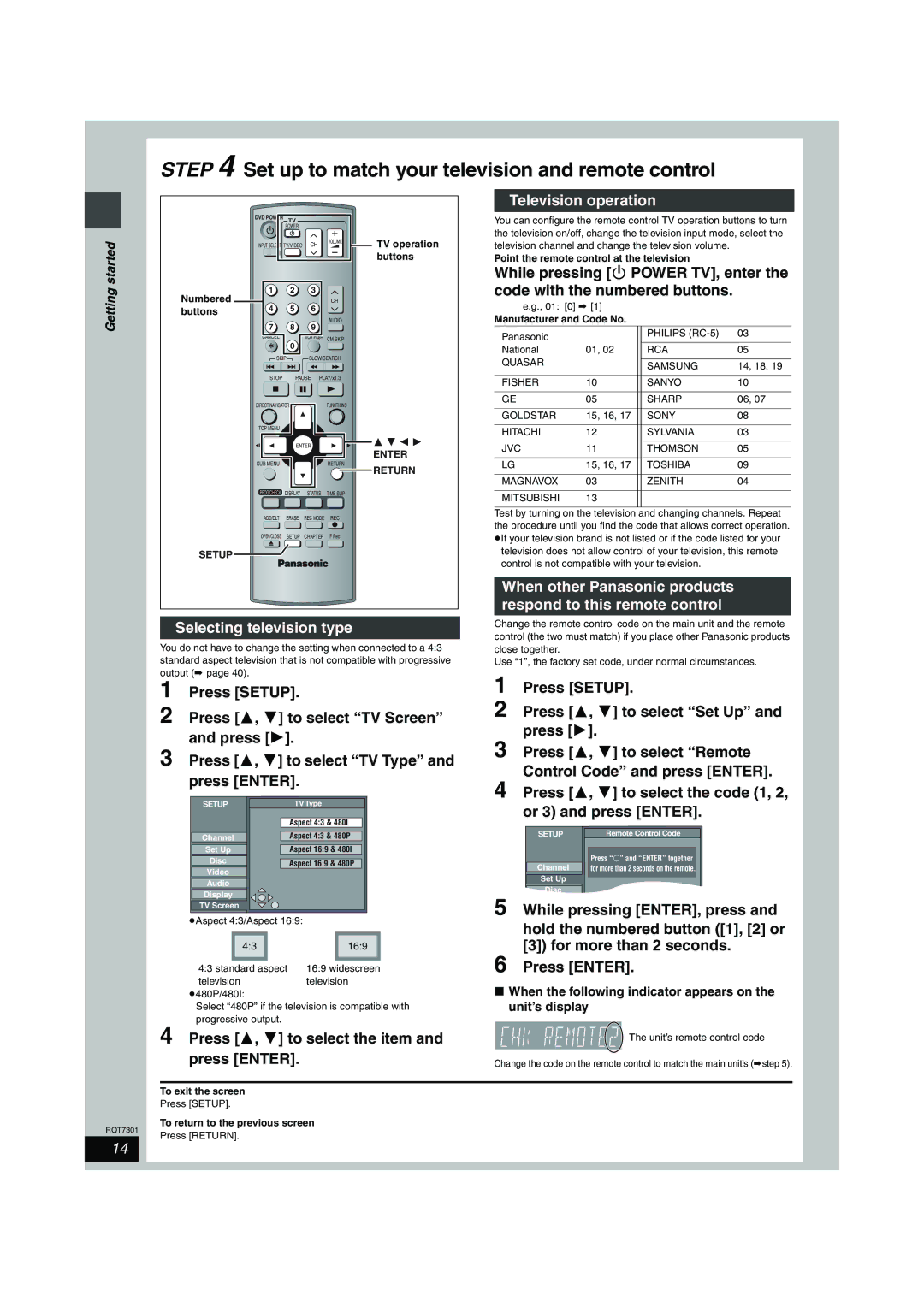 Panasonic DMR-E55 Selecting television type, Press Setup To select TV Screen, Press , to select the item and press Enter 