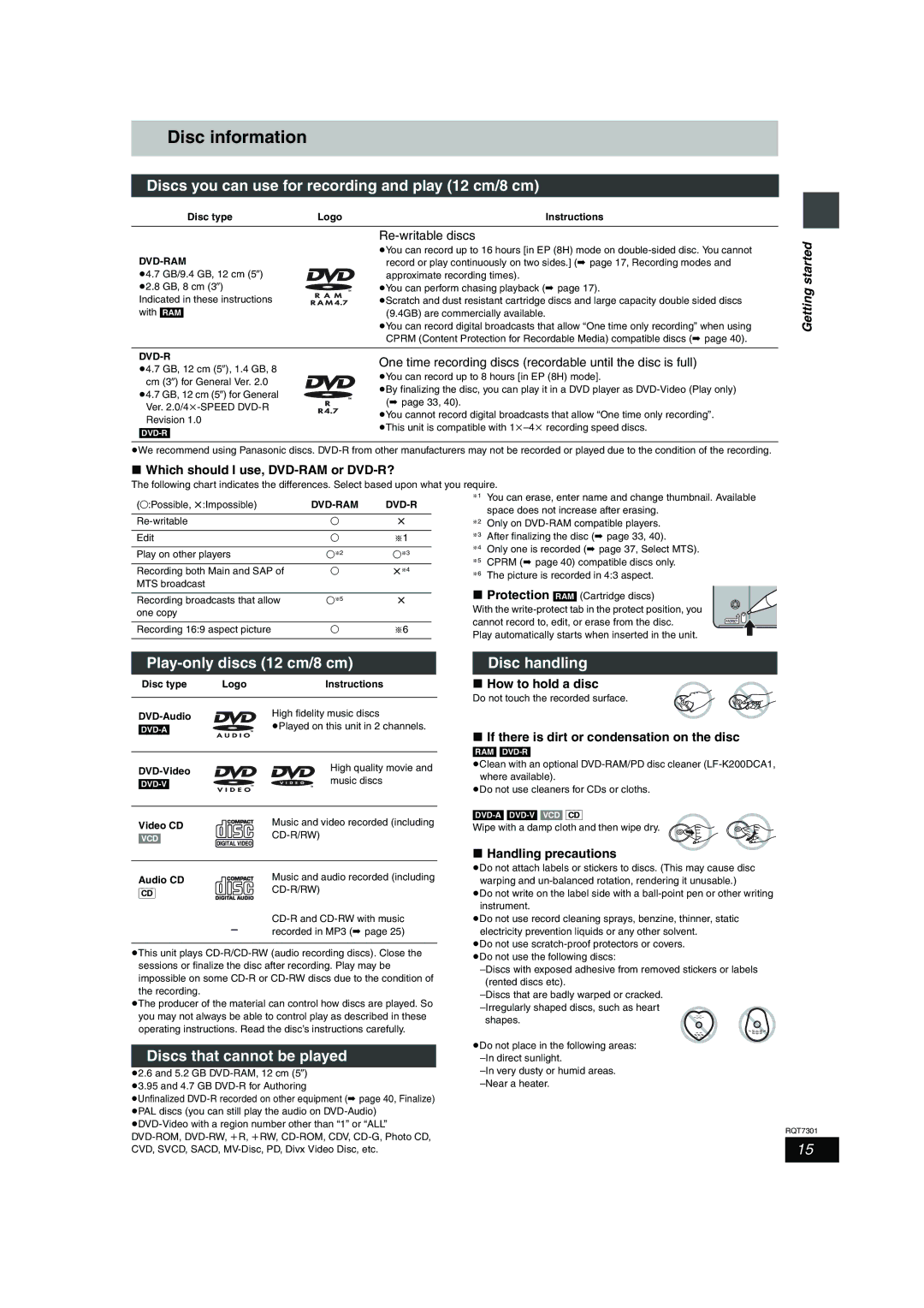 Panasonic DMR-E55 warranty Disc information, Discs you can use for recording and play 12 cm/8 cm, Disc handling 