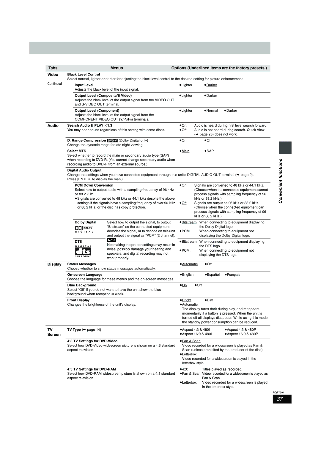 Panasonic DMR-E55 warranty Tabs Menus Options Underlined items are the factory presets, Audio, Display, Screen, Dts 