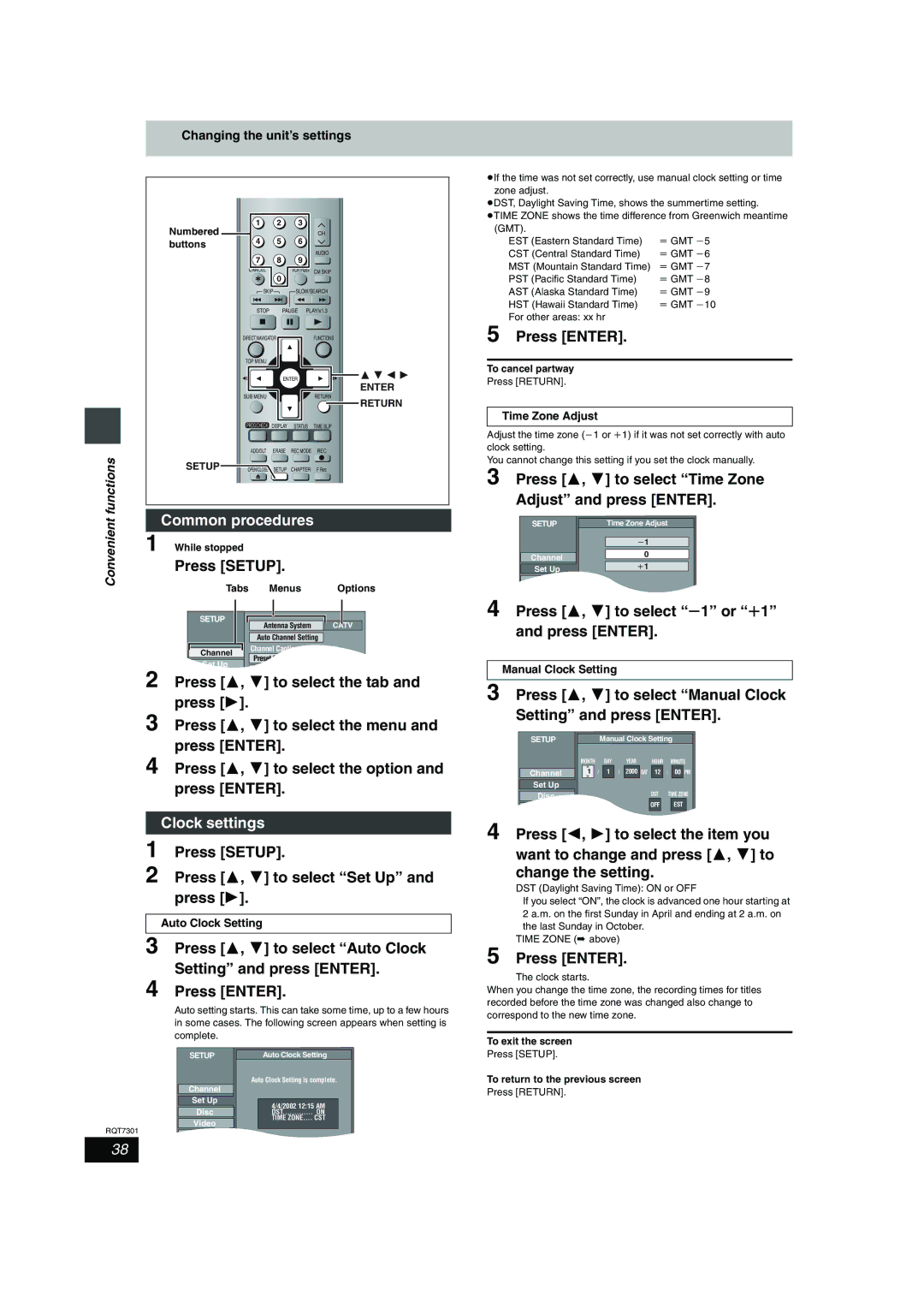 Panasonic DMR-E55 warranty Clock settings, Press Setup To select Set Up, Press To select Time Zone Adjust and press Enter 