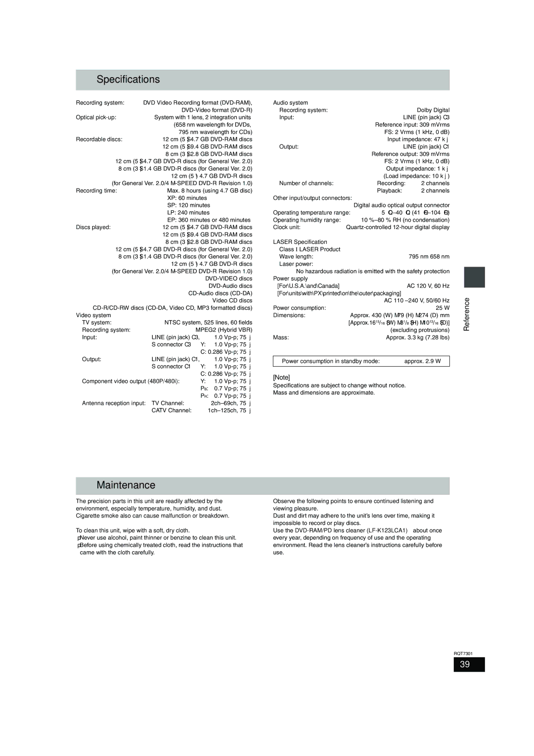 Panasonic DMR-E55 warranty Specifications, Maintenance 