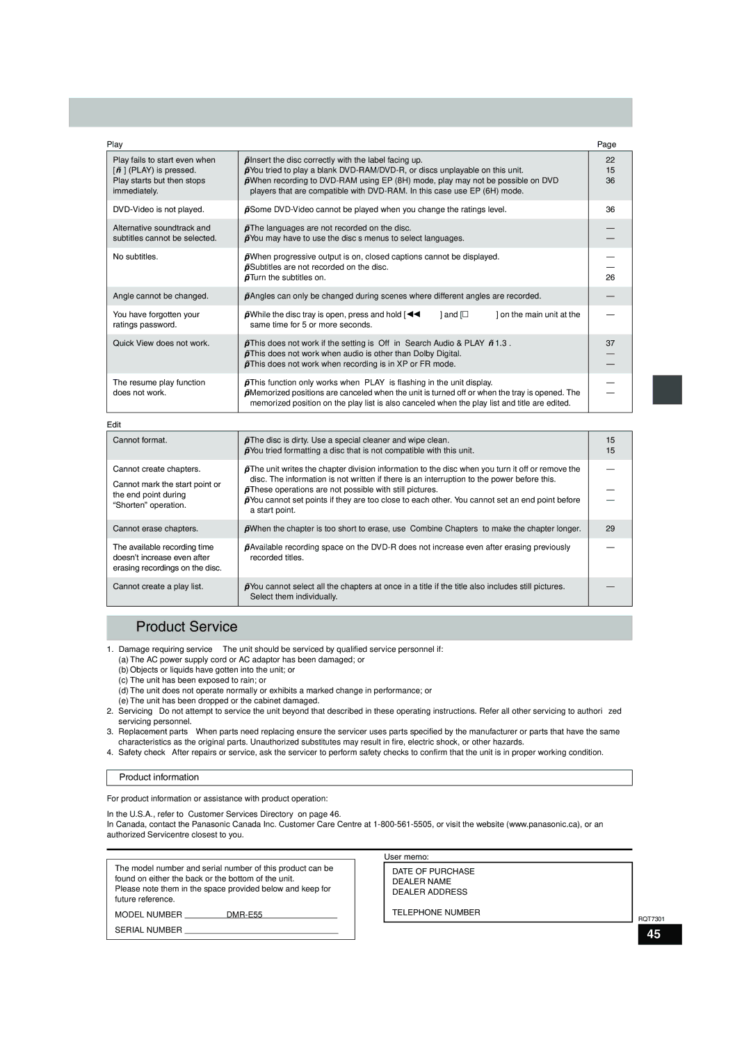 Panasonic DMR-E55 warranty Product Service, Product information 