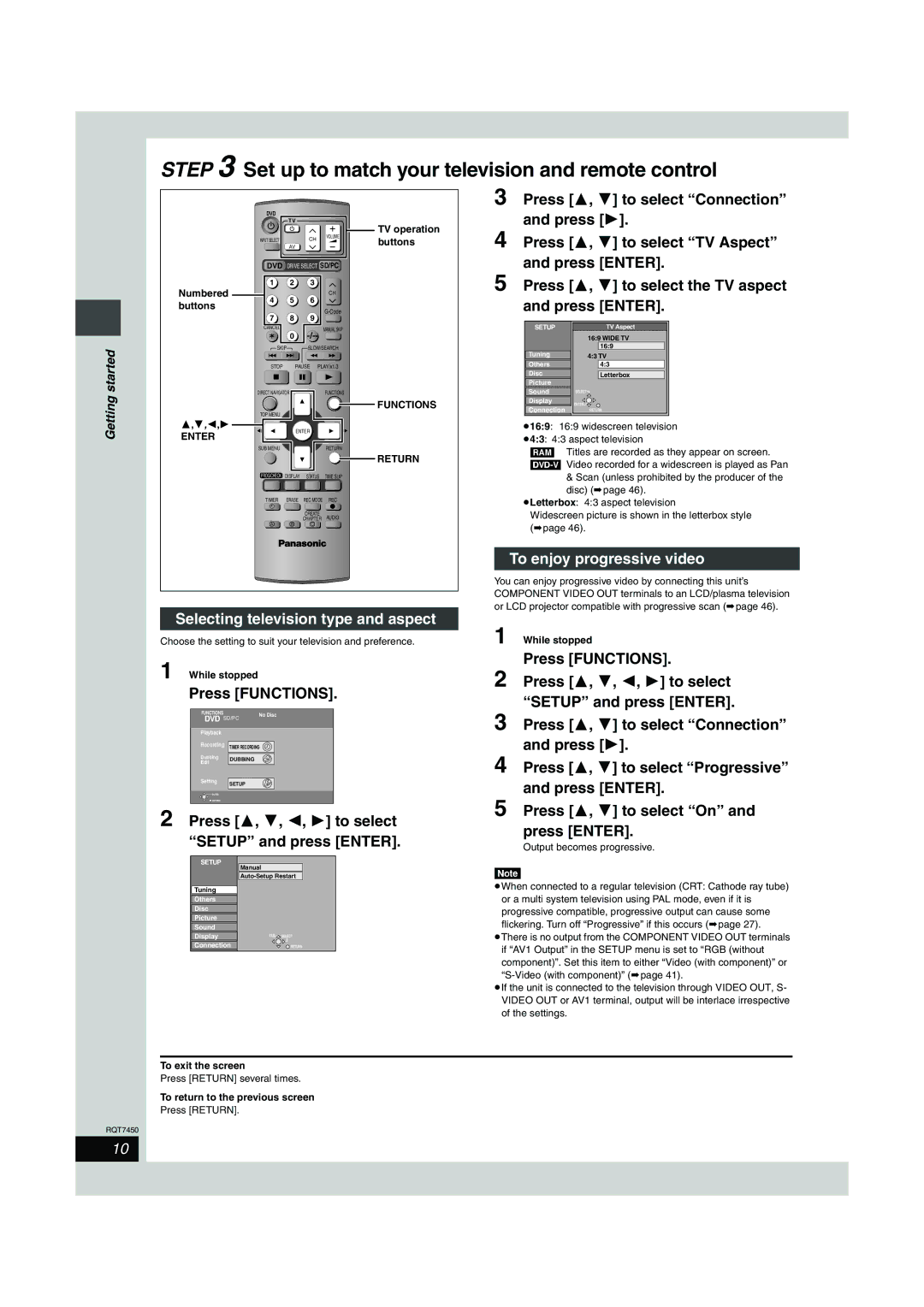 Panasonic DMR-E65 manual To enjoy progressive video, Selecting television type and aspect, Press Functions 