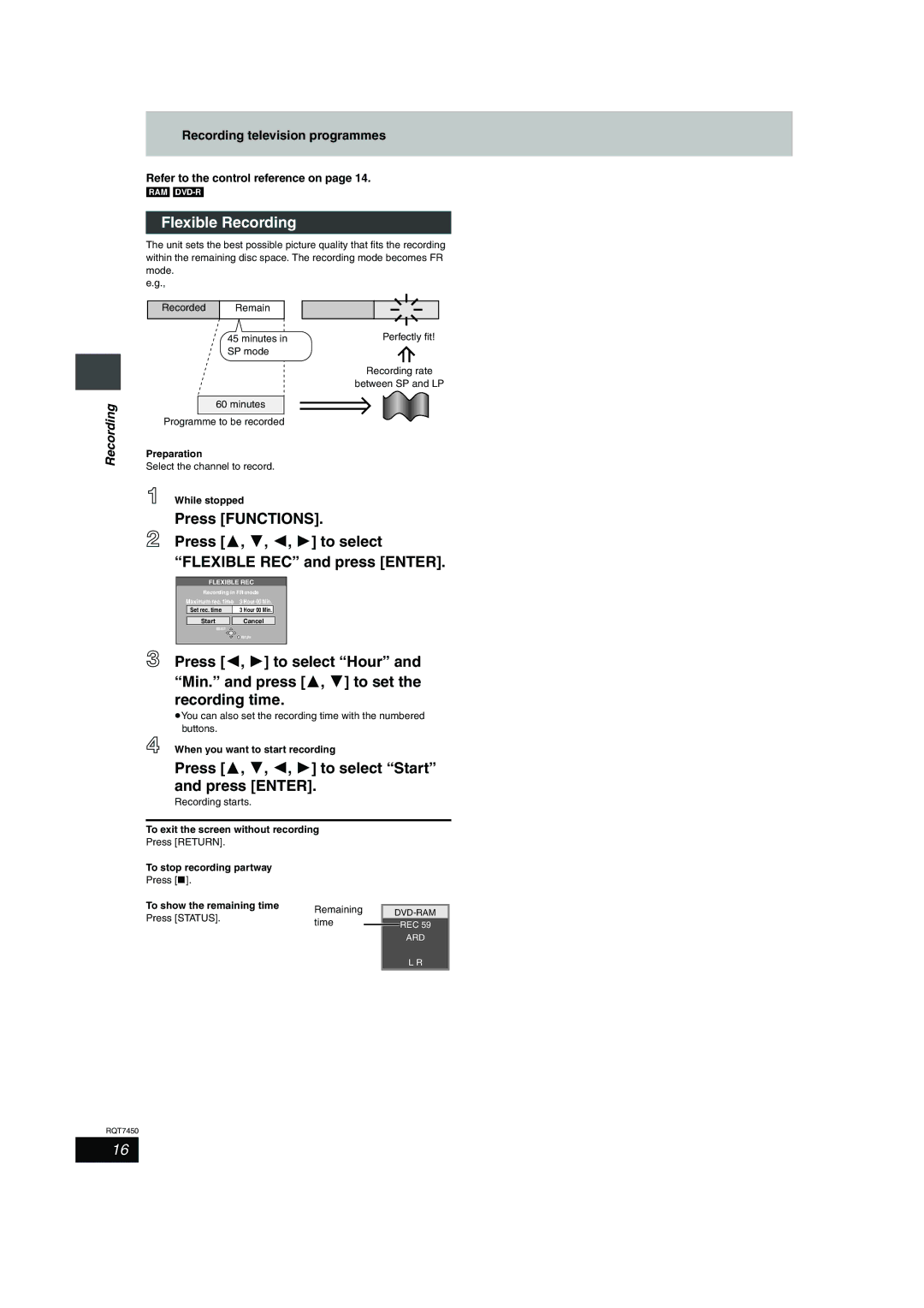 Panasonic DMR-E65 Flexible Recording, Press 3, 4, 2, 1 to select Start and press Enter, Refer to the control reference on 