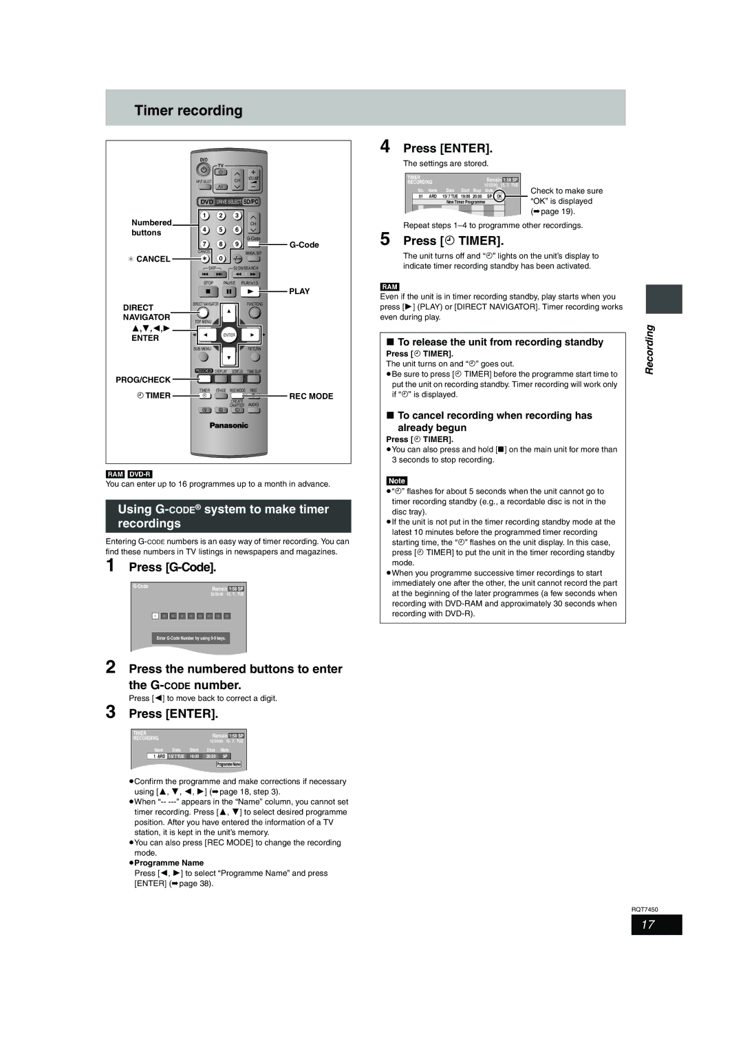 Panasonic DMR-E65 manual Timer recording, Press F Timer, Using G-CODEsystem to make timer recordings, Press G-Code 