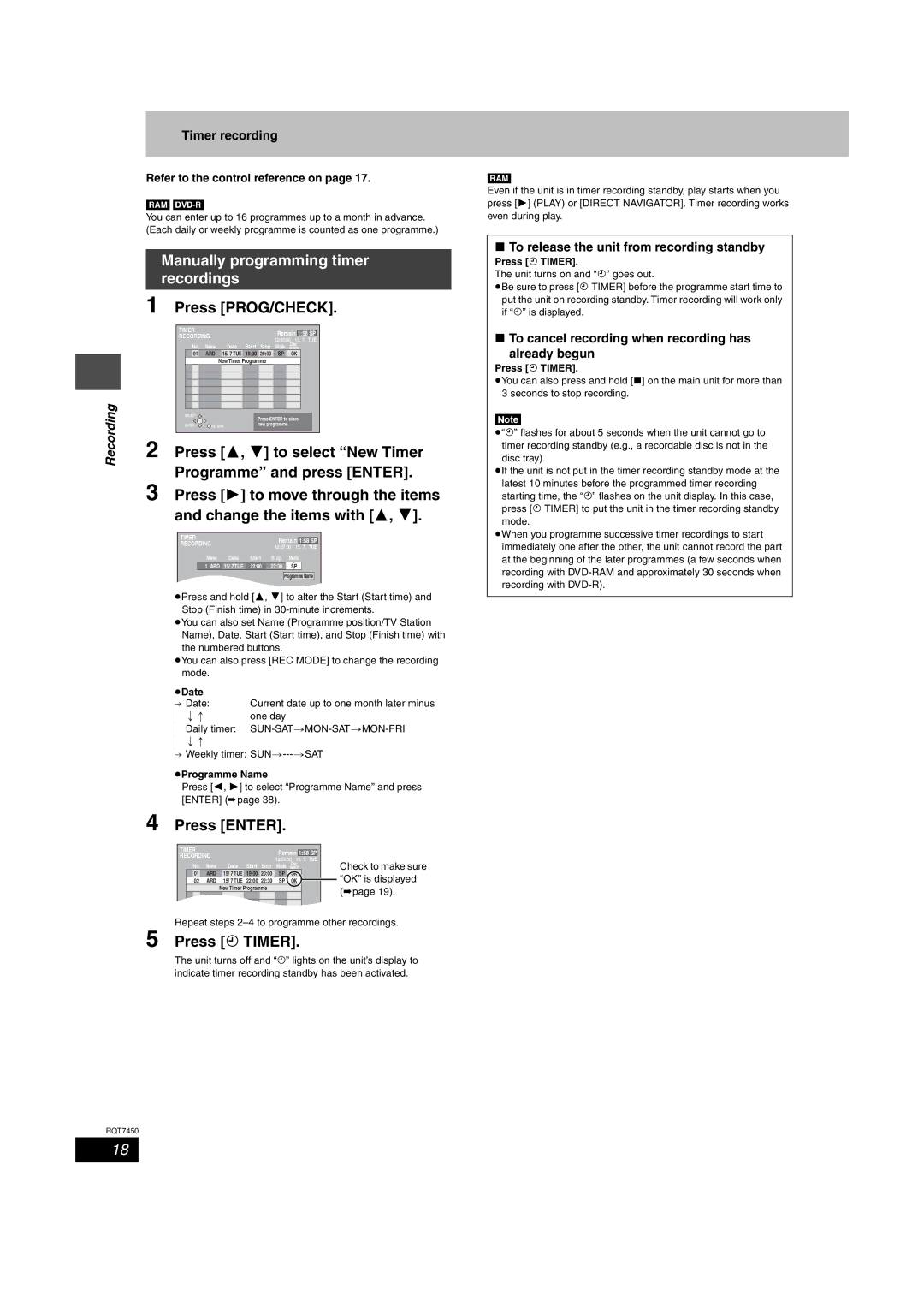 Panasonic DMR-E65 manual Manually programming timer recordings 