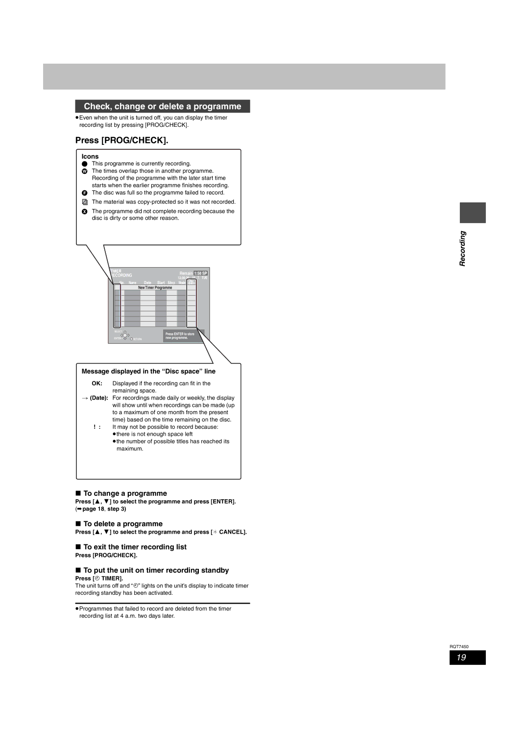 Panasonic DMR-E65 manual Check, change or delete a programme, To change a programme, To delete a programme 